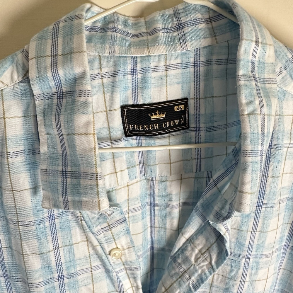 French‎ Crown Plaid Button-Down Shirt Preppy Soft Blue Plaid Mens Size 44
